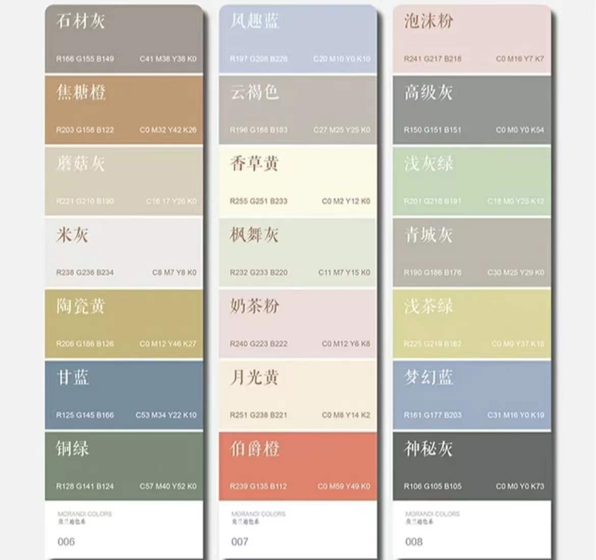 莫兰迪色系色卡对照表
