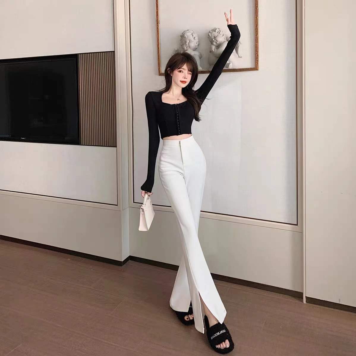 白色喇叭裤图片大全,白色喇叭裤搭配什么鞋