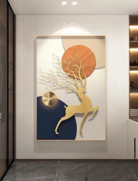 正对入户门墙上挂画效果图，正对门玄关装修效果图壁画