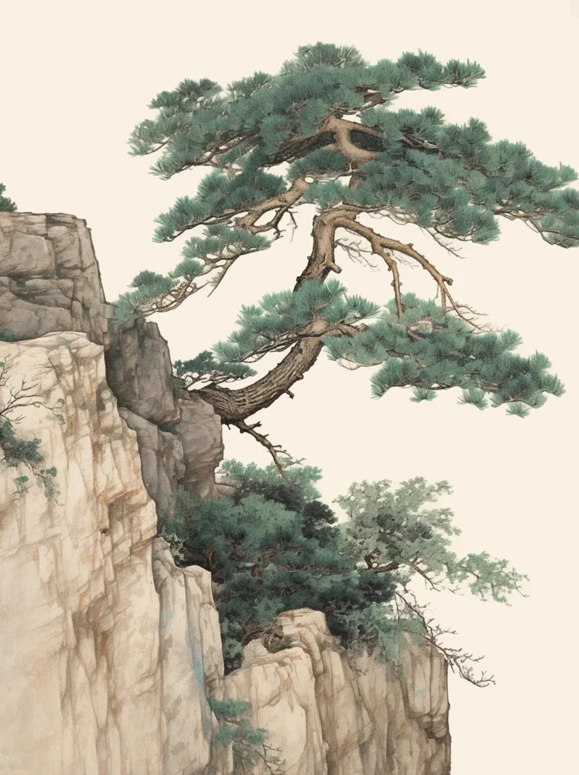 唯美国画古松图片