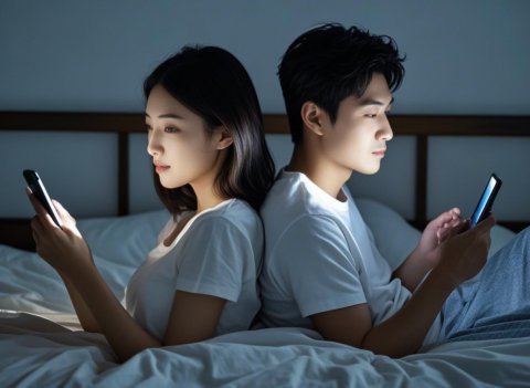 夫妻躺床上玩手机背靠背图片