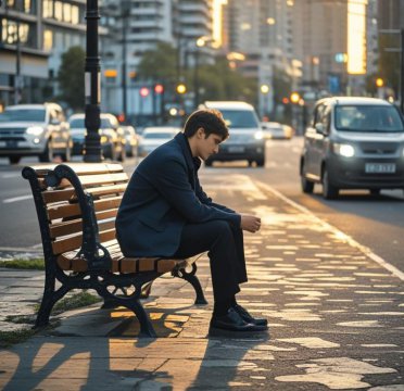 男人独坐路边沉思的图片
