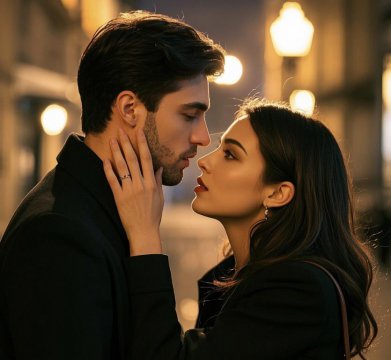 拥吻后女人摸男人的脸