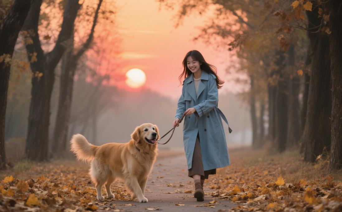 女孩子遛狗照片真实图片